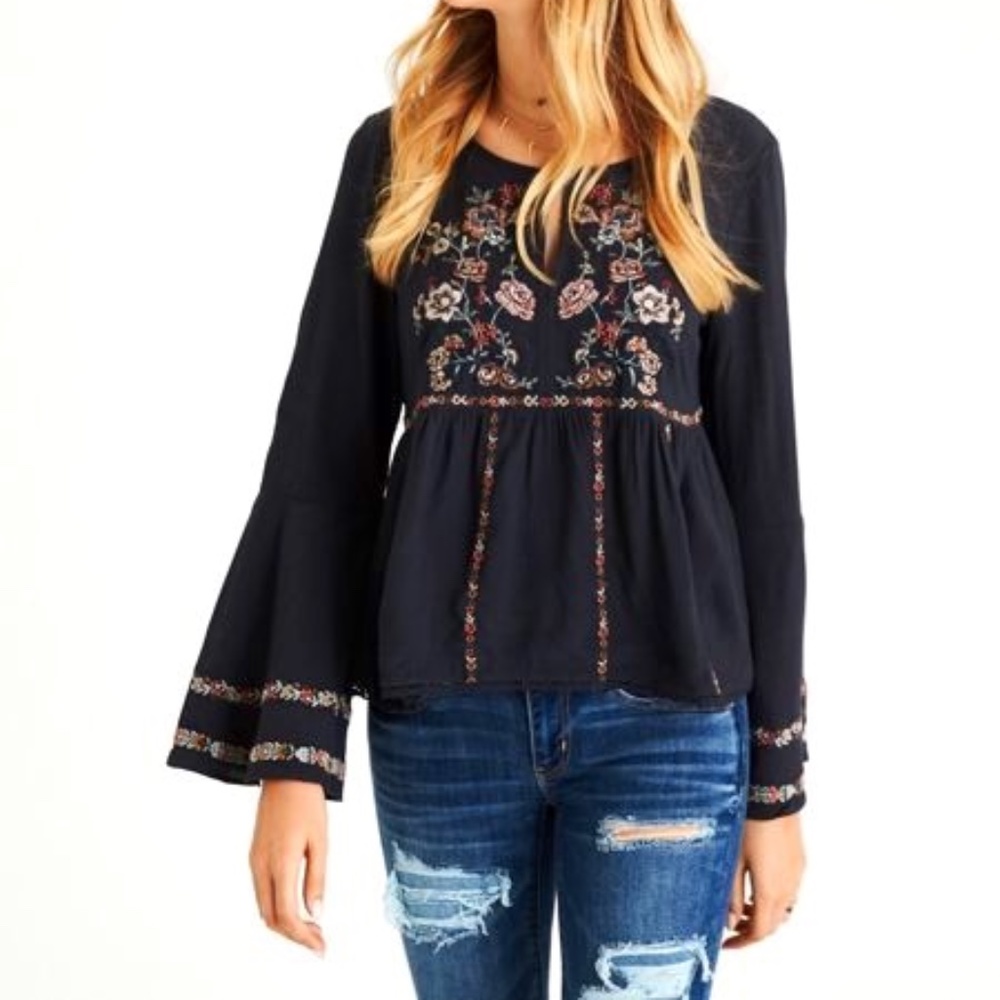American Eagle Embroidered Bell Sleeve Peasant Top